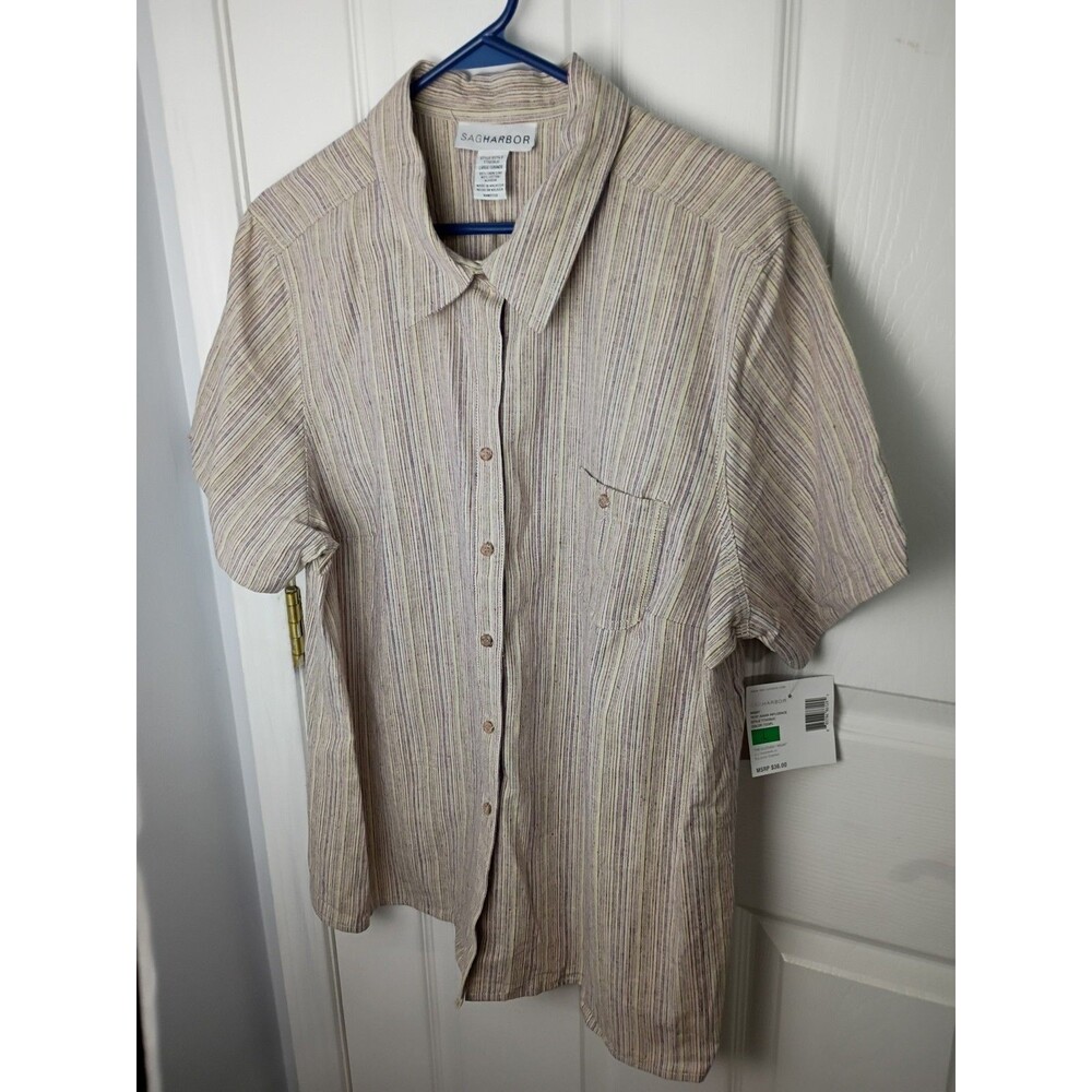Sag Harbor Woman L Collared SS Button Striped Linen Blend Shirt pocket side slit